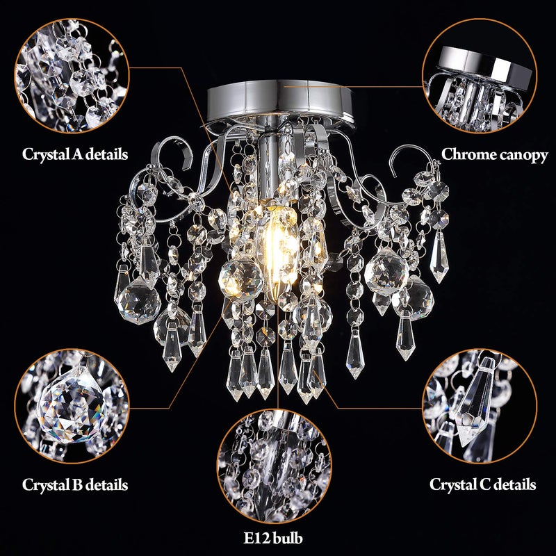 QS Q&S Small Crystal Chandelier,Flush Mount-Modern Mini Ceiling Light Fixture for Hallway/Entryway/Bedroom/Bathroom/Closet,Chrome Metal with K9 Crystal - Image 2
